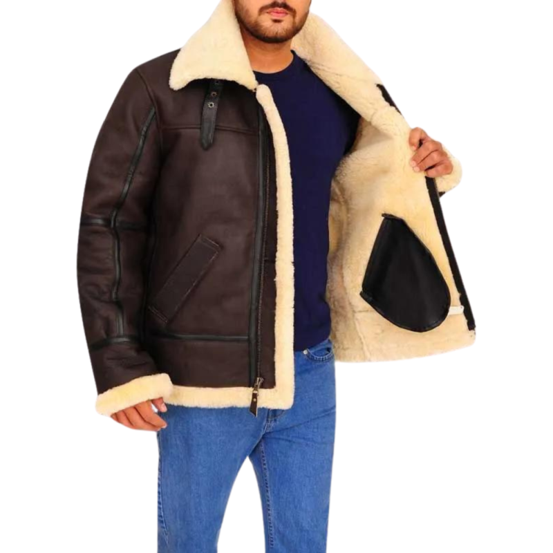 Mens B3 Bomber Jacket Aviator Faux Shearling Leather Jacket - Image 4