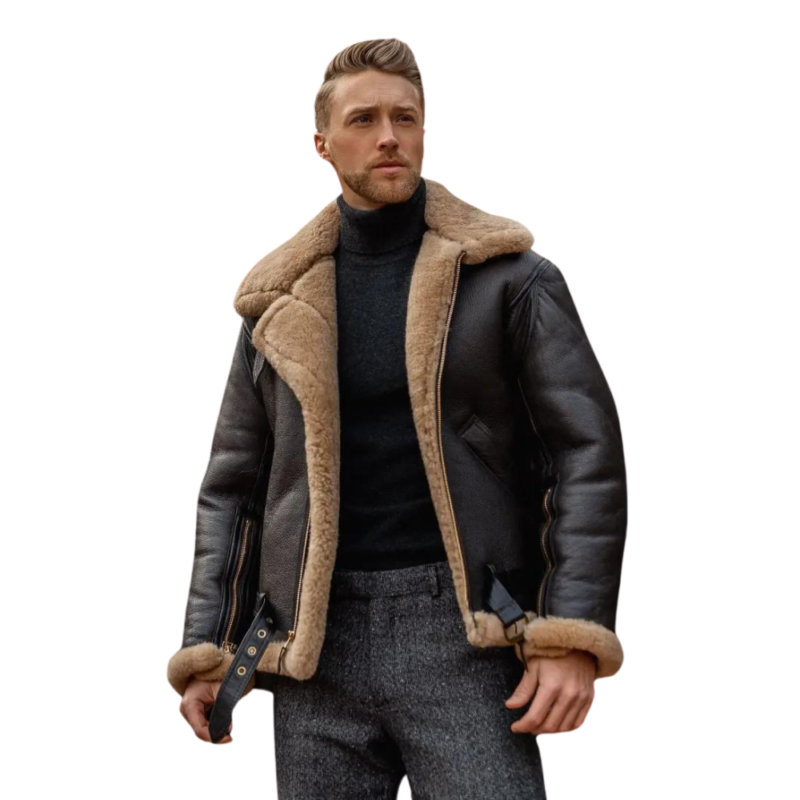 Men's Shearling Lined Aviator Jacket Genuine Leather Jacket